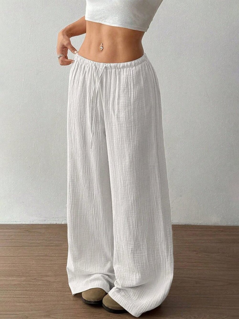 White Boho Women's Super Low Waist Casual Cotton Straight Leg Pants